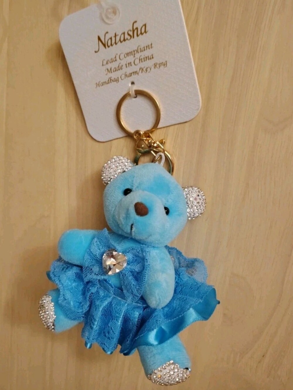 Natasha Y2K Bling Princess Blue Bear Crystal Studded Plush Dress Toy Keychain
